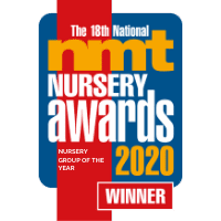 Logo for the 18th national nmt nursery awards 2020, featuring text "nursery group of the year winner" in colorful design on a trophy silhouette.