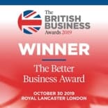 Logo of the british business awards 2019 indicating a "winner" of "the better business award" on october 10, 2019, at royal lancaster london, featuring the uk flag.