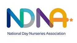Colorful logo of the national day nurseries association featuring the acronym "ndna" in bold multicolored letters, followed by a small orange star, and the full name beneath in gray.
