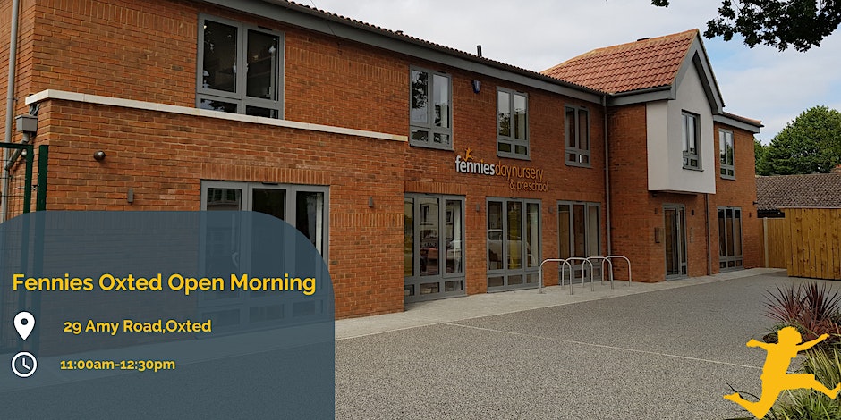 Exterior view of fennies oxted nursery and preschool. modern brick building with large windows and signage. located at 29 any road, oxted with details of an open morning event.