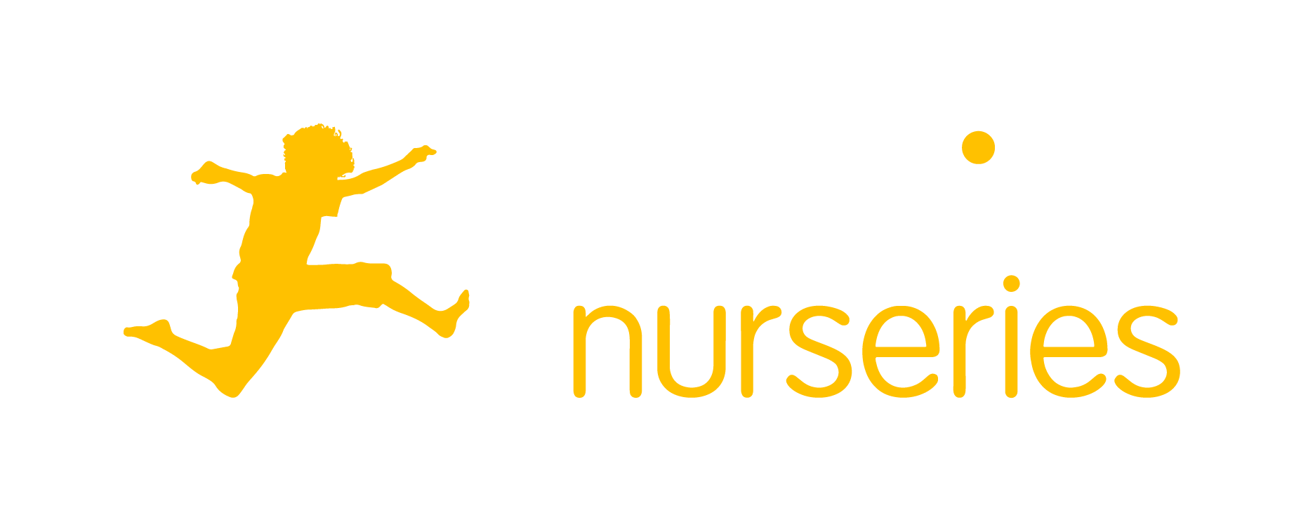 A silhouette of a child joyfully jumping to the left above the word "nurseries" in lowercase, bold yellow font. a small yellow dot floats to the right above the text.