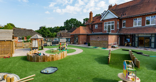 An outdoor space at a daycare with artificial grass, play structures, and toys is shown. There are climbing areas, a sandbox, a small playground and a covered seating area. In the background is a large brick building, and the sky is blue with scattered clouds.